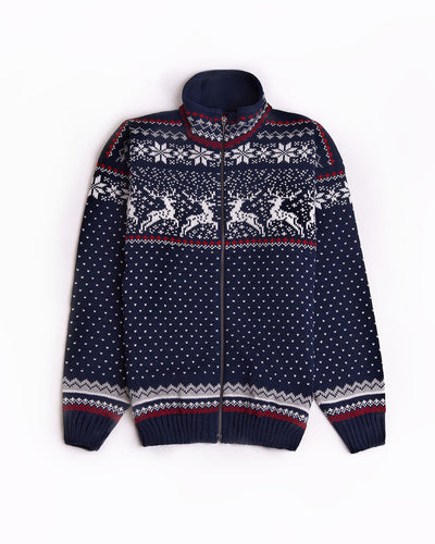 Wool men's zipper cardigan with reindeers