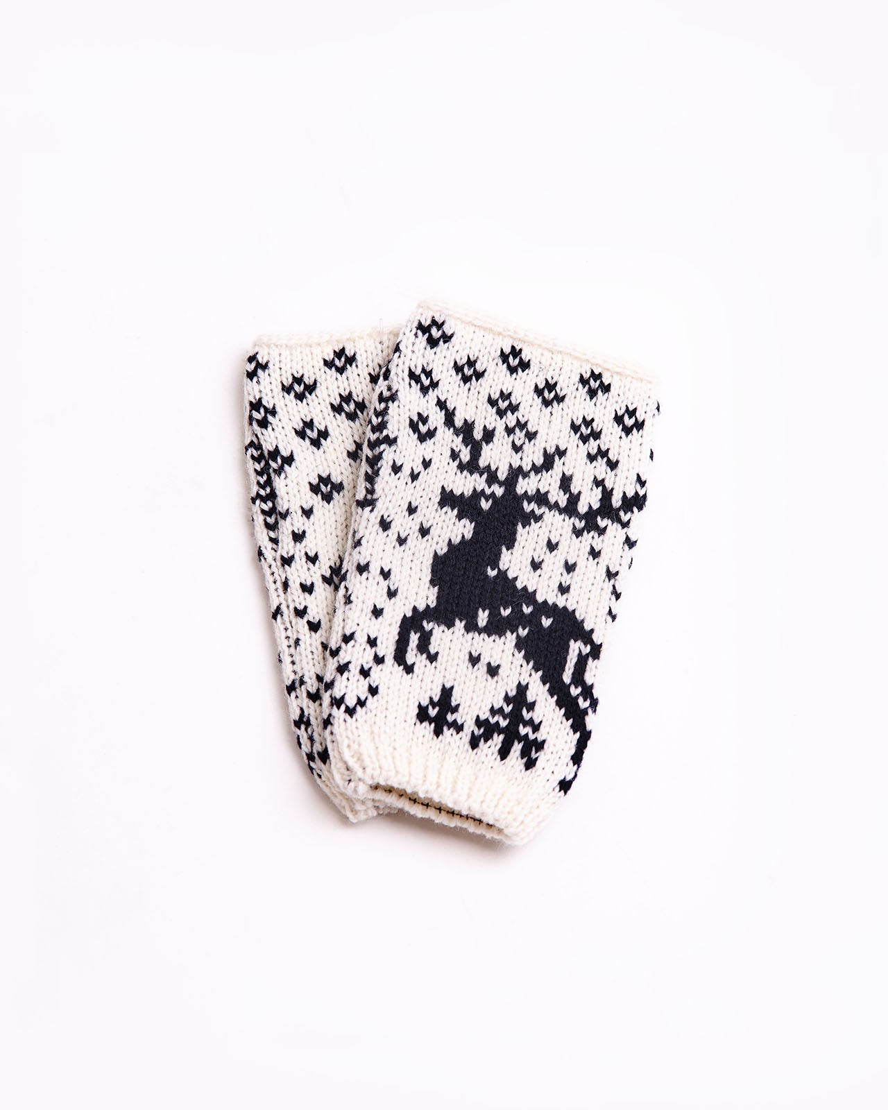 white fingerless mittens with reindeers