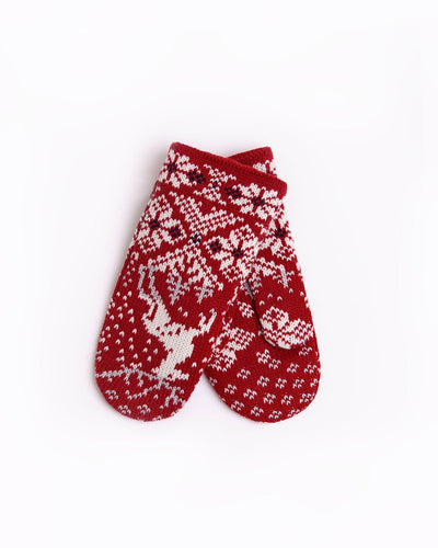red wool mittens with reindeers