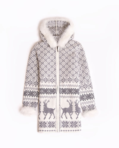 hooded wool coat with reindeers for women